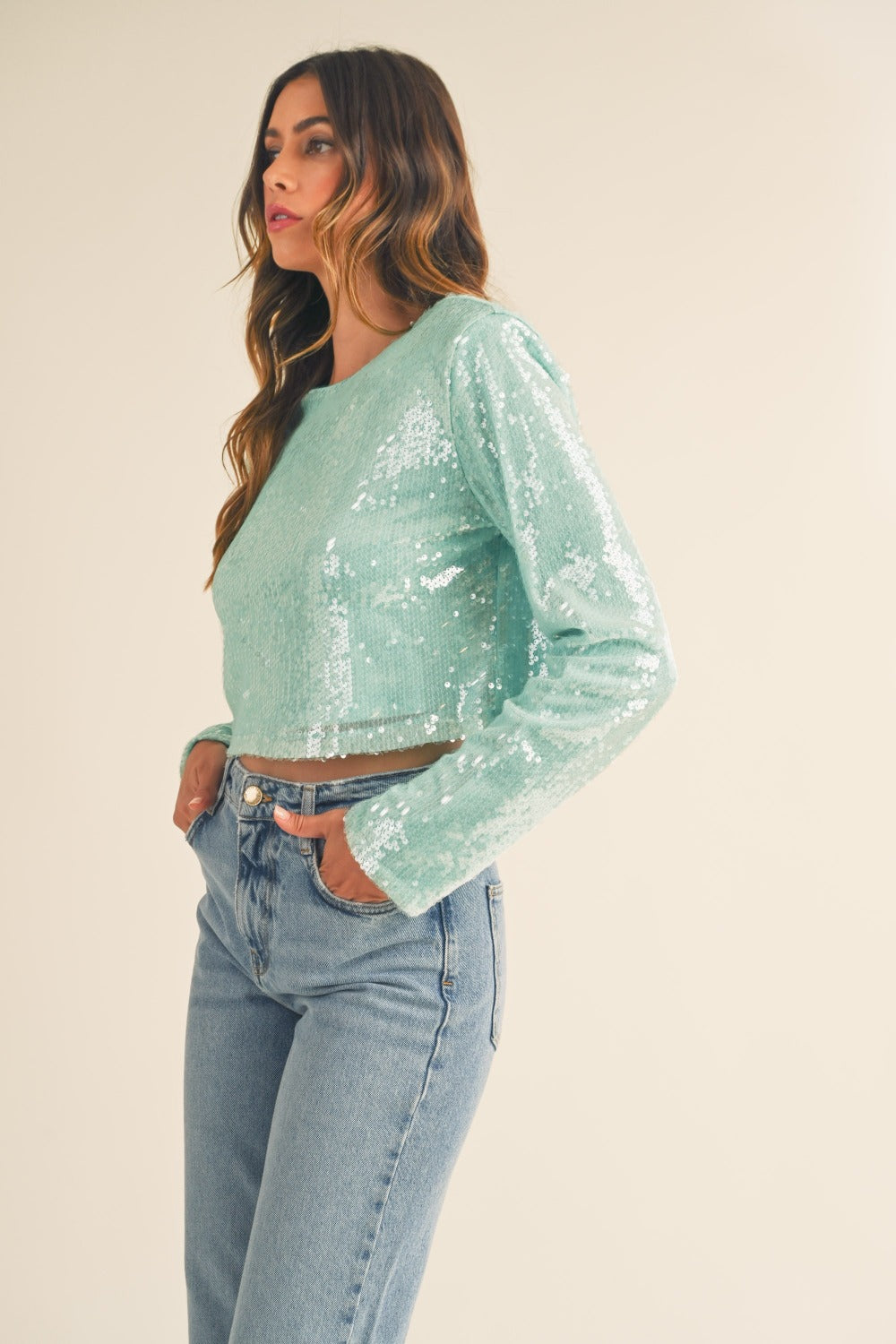 Shoulder-Padded Sequin Crop Top – Bold & Glamorous