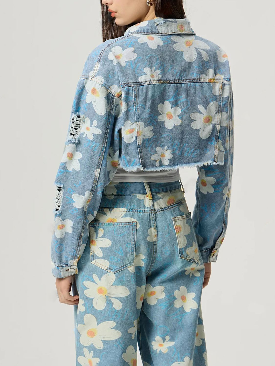 Floral Cropped Distressed Denim Jacket – Buttoned, Raw Hem, Matching Pants Available