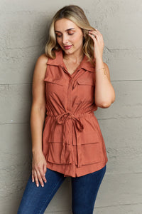 Sleeveless Collared Button-Down Shirt with Drawstring Waist