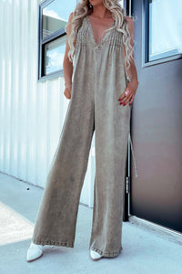 Women’s V-Neck Wide-Leg Washed Denim Jumpsuit – Effortless & Trendy