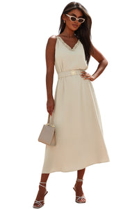 V Neck Sleeveless Maxi Dress w. Elastic Belt