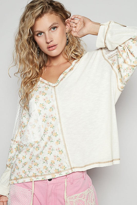 Floral Crochet Patch V-Neck Top – Feminine Bohemian Style