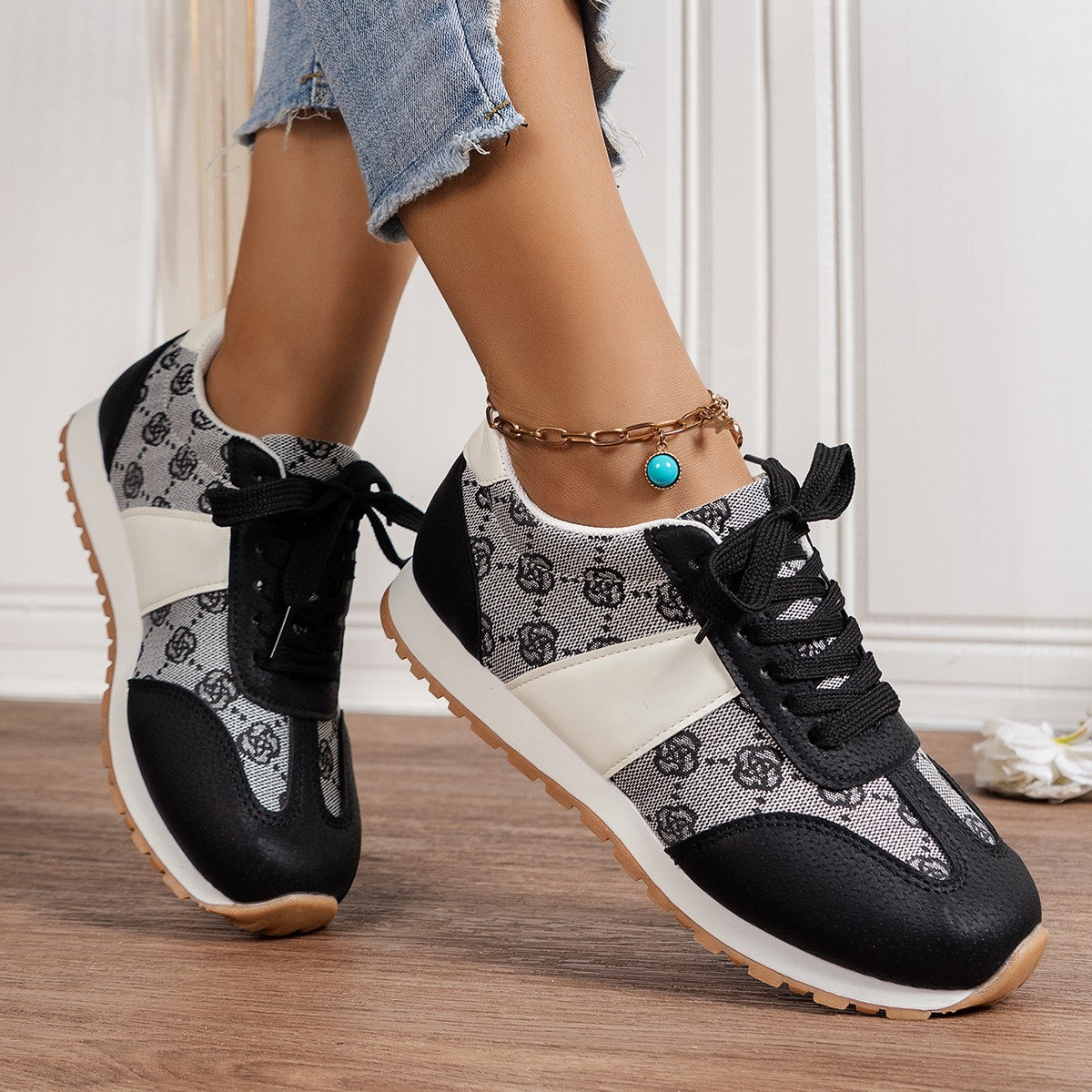 Women’s Casual PU Leather Sneakers – Flat Heel, Available in Black or Blue