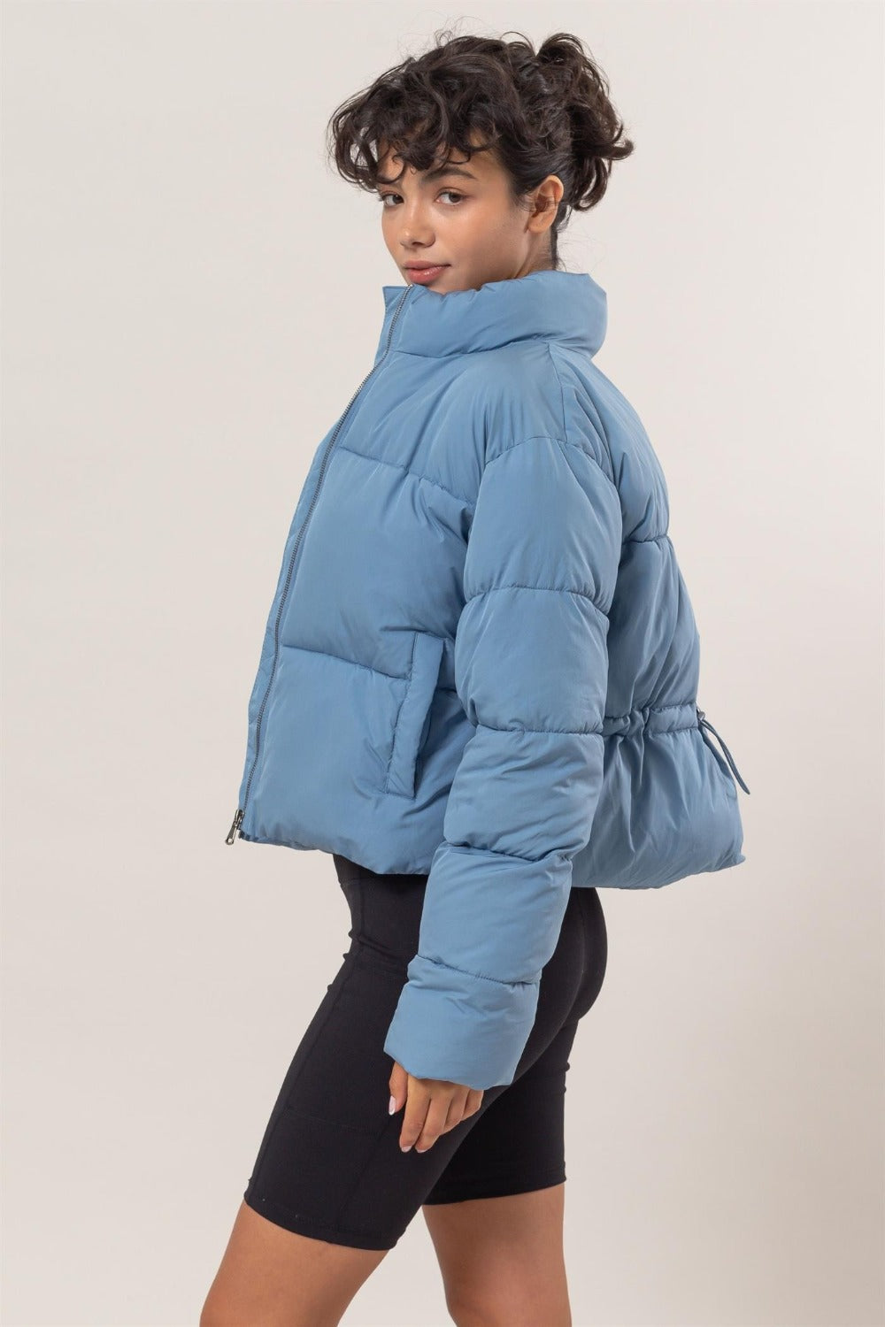 Quilted Gray Blue Puffer Jacket with Stand Collar & Pockets – Cozy & Stylish Outerwear