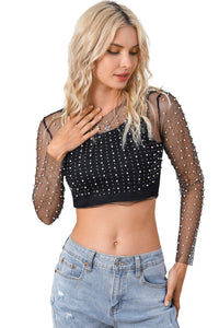 Sheer Mesh Top with Pearl and Rhinestone Detail - Elegant Crop Shirt