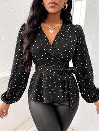 Women’s Polka Dot Wrap Blouse with Tie Waist – Elegant & Flattering Fit