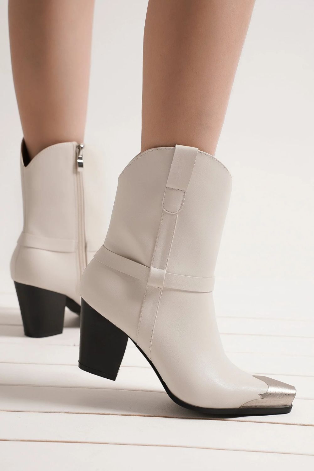 Metal Toe Western Boots – Mid Heel PU Leather Ankle Boots