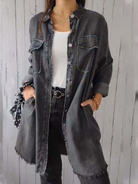 Women’s Long Denim Shacket with Raw Hem – Buttoned & Pocketed Oversized Fit