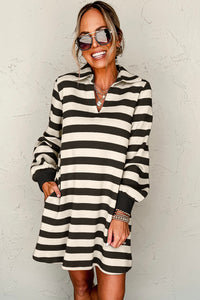 Women's Striped Long-Sleeve Shirt Dress – Black & Dusty Pink