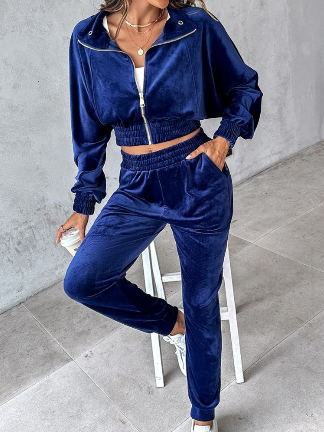 Velvet Two-Piece Jogger Set with Zip-Up Hoodie – Available in Navy, Deep Teal, Black, and Burgundy