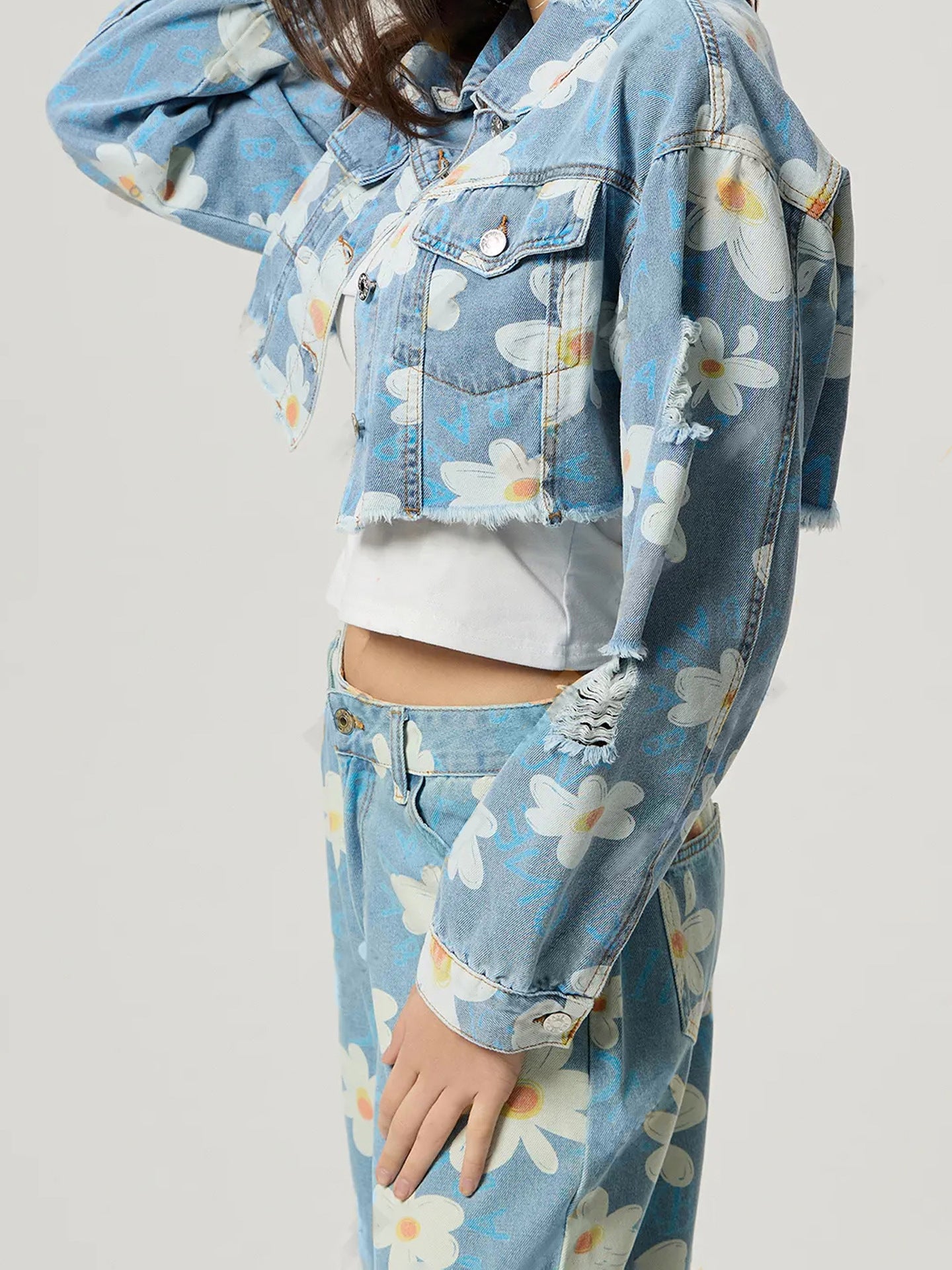 Floral Cropped Distressed Denim Jacket – Buttoned, Raw Hem, Matching Pants Available