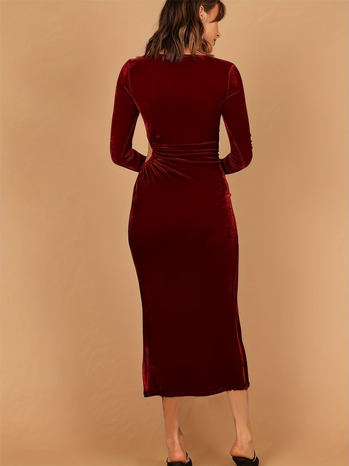 Women's High-End Velvet Midi Dress with Side Cutout – Deep Red