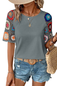 Floral Crochet Sleeve Top - Round Neck Chic Blouse