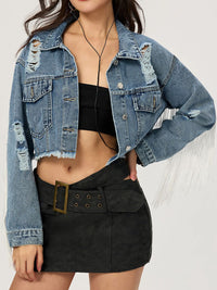 Distressed Denim Jacket with Fringe Detailing – Cropped Button-Up