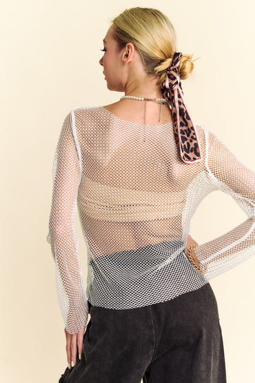 Sparkling Rhinestone Sheer Mesh Round Neck Top – Glamorous & Chic