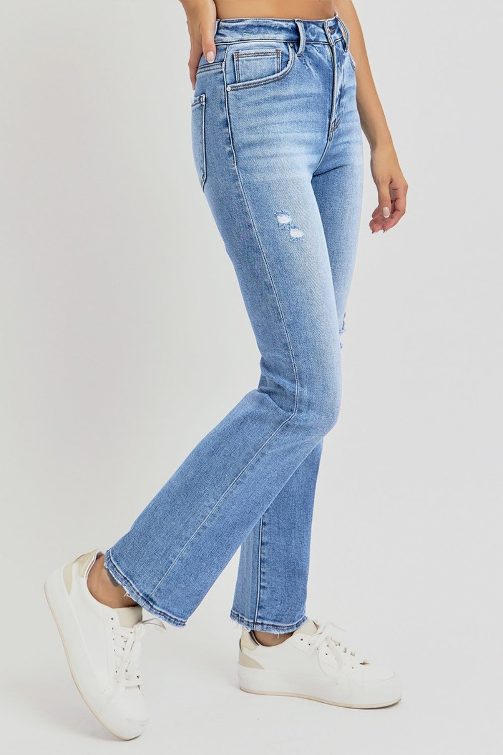 Distressed High-Rise Ankle Straight Jeans – Slight Stretch, Pocketed