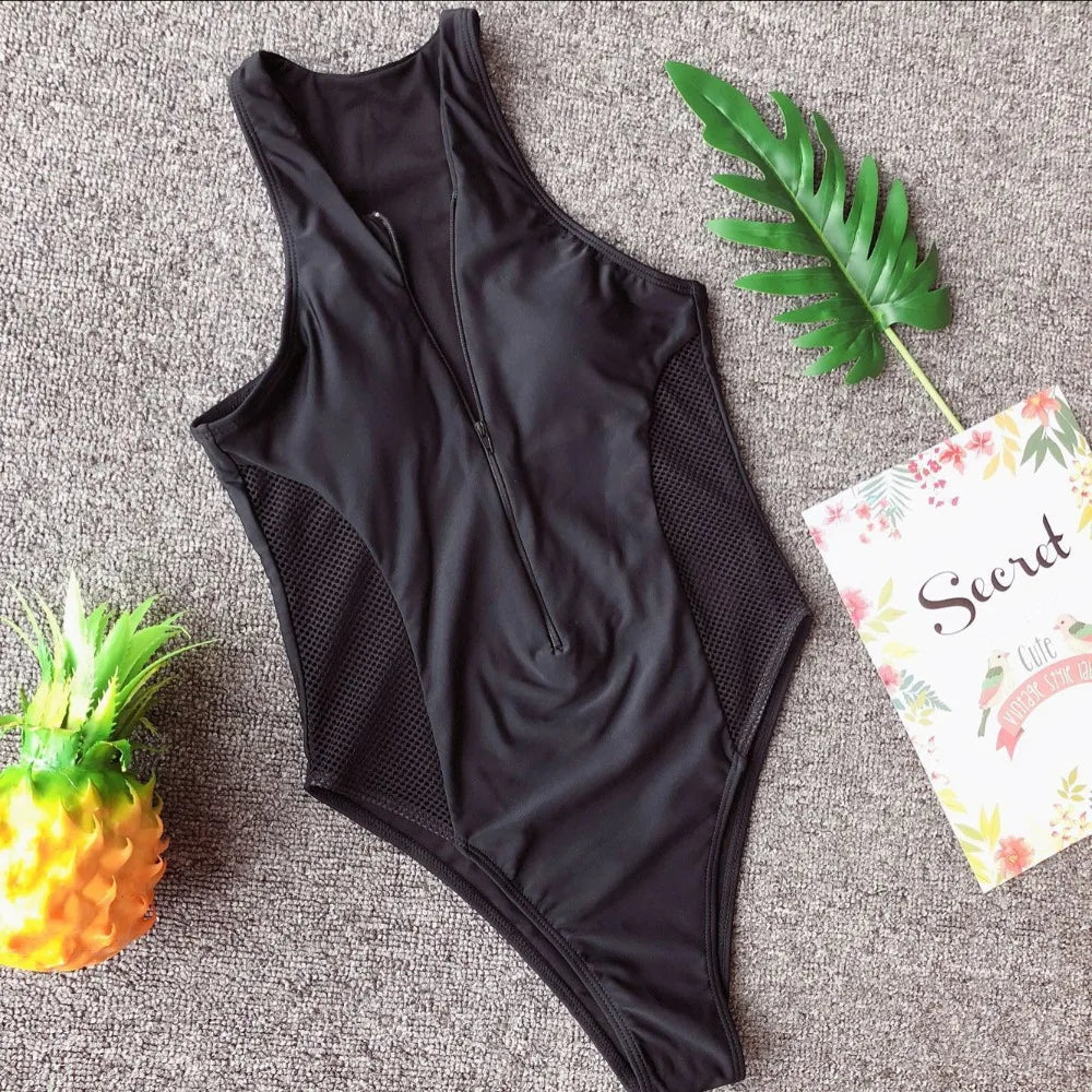 Sexy Mesh Panel Zip-Up One-Piece Swimsuit