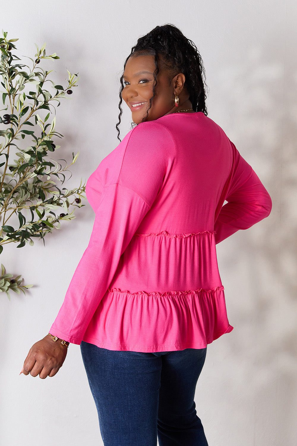 Buttoned V-Neck Ruffle Hem Long Sleeve Top