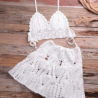 Crochet Halter Top and Skirt Set - Women's Boho Beachwear