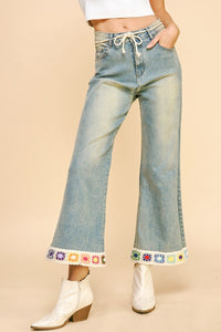 Crochet Trim Flare Jeans – Bohemian Style, Slight Stretch, Pocketed