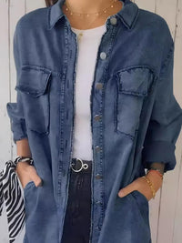 Women’s Long Denim Shacket with Raw Hem – Buttoned & Pocketed Oversized Fit