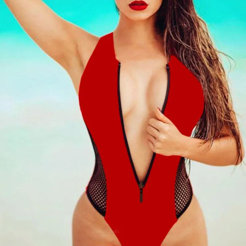 Sexy Mesh Panel Zip-Up One-Piece Swimsuit