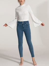 High-Neck Long Sleeve Top with Flared Sleeves – Slightly Stretchy