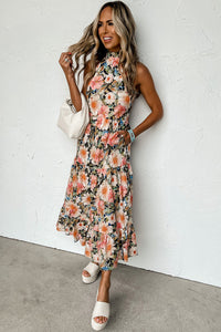 Boho Floral Print Knotted Halter Ruffled Maxi Dress