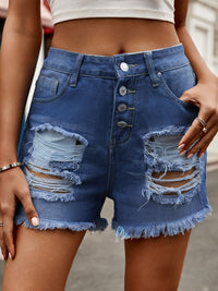 Women's High-Waist Distressed Denim Shorts – Buttoned & Pocketed