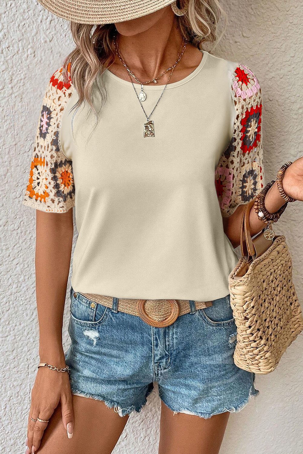 Floral Crochet Sleeve Top - Round Neck Chic Blouse