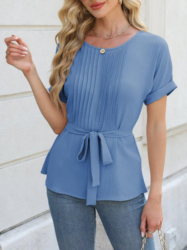 Women’s Ruched Tie-Waist Blouse – Elegant & Flattering Short Sleeve Top