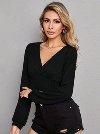 Surplice V-Neck Cropped Top with Long Sleeves – No Stretch