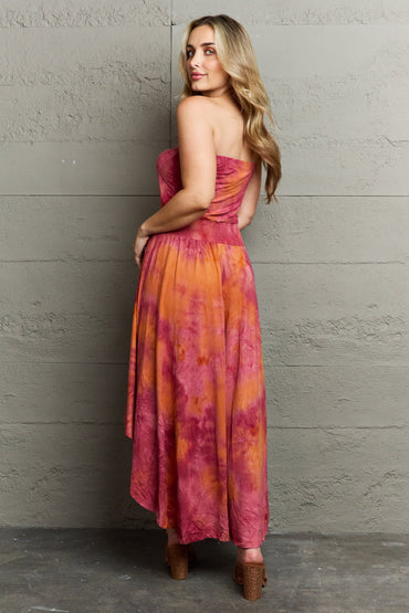 High-Low Tie-Dye Strapless Maxi Dress