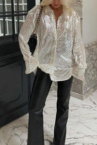 Sequin Button-Up Long Sleeve Shirt – Sparkle and Style for Any Occasion