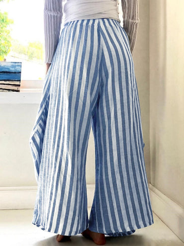 Wide-Leg Striped Pants with Pockets – Soft Stretch Fabric, Easy-Care Design