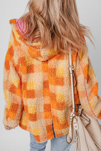 Checkered Long Sleeve Sherpa Hooded Jacket – Cozy & Stylish