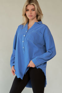 Letter Back Raw Hem Button-Up Shirt – Casual Cotton Long Sleeve