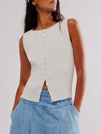 Women’s Buttoned Sleeveless Ribbed Knit Top – Versatile & Stretchy