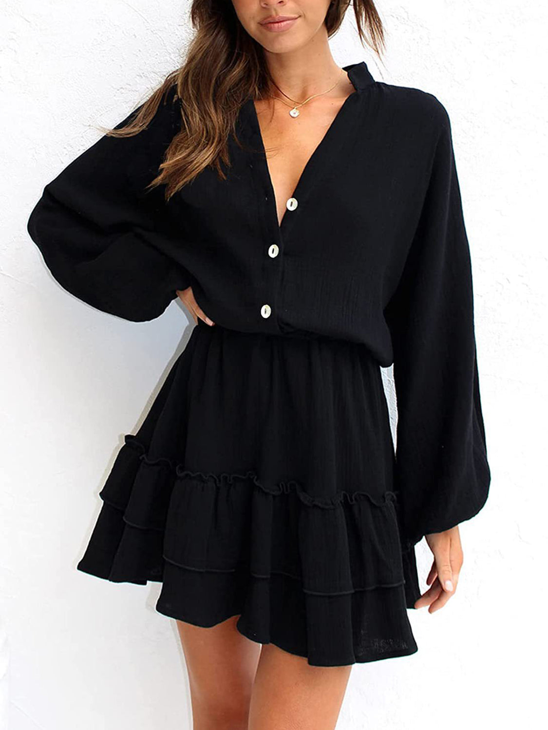 Women’s Buttoned Ruffled Mini Dress – Elegant & Flowy with Long Sleeves