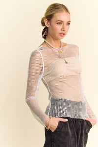 Sparkling Rhinestone Sheer Mesh Round Neck Top – Glamorous & Chic