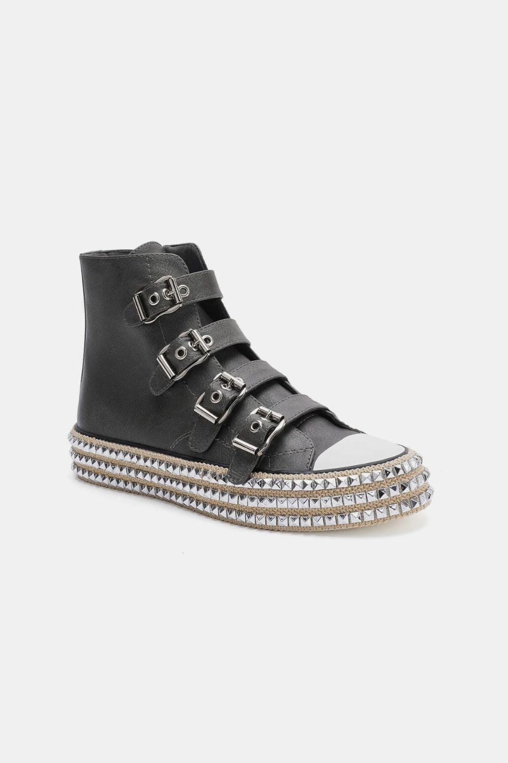 Punk-Inspired Studded Platform Sneakers – Buckle Strap Design