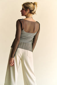 Women’s Rhinestone Sheer Mesh Top – Elegant & Glamorous Long Sleeve Design