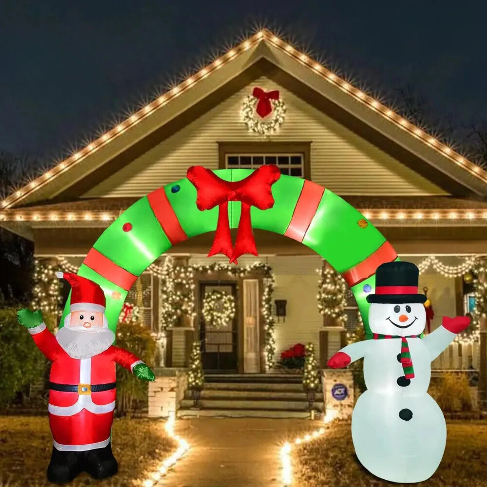 10-Foot LED-Lit Christmas Inflatable Archway with Santa and Snowman – Festive Outdoor Holiday Decoration