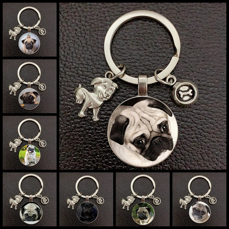 Pug Dog Keychain - Alloy Charm with Glass Pendant