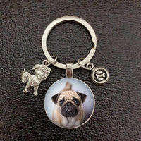 Pug Dog Keychain - Alloy Charm with Glass Pendant