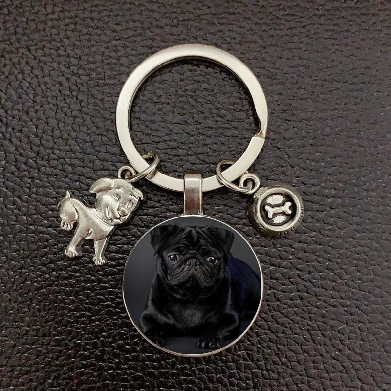 Pug Dog Keychain - Alloy Charm with Glass Pendant