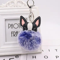 Boston Terrier Pom-Pom Keychain - Rabbit Fur & Platinum-Plated Charm