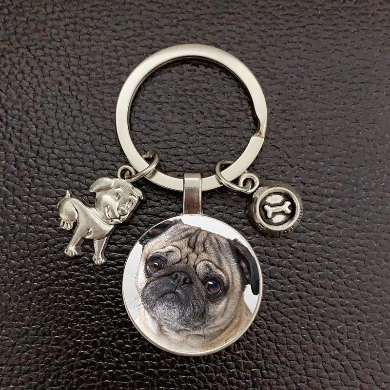 Pug Dog Keychain - Alloy Charm with Glass Pendant