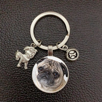 Pug Dog Keychain - Alloy Charm with Glass Pendant