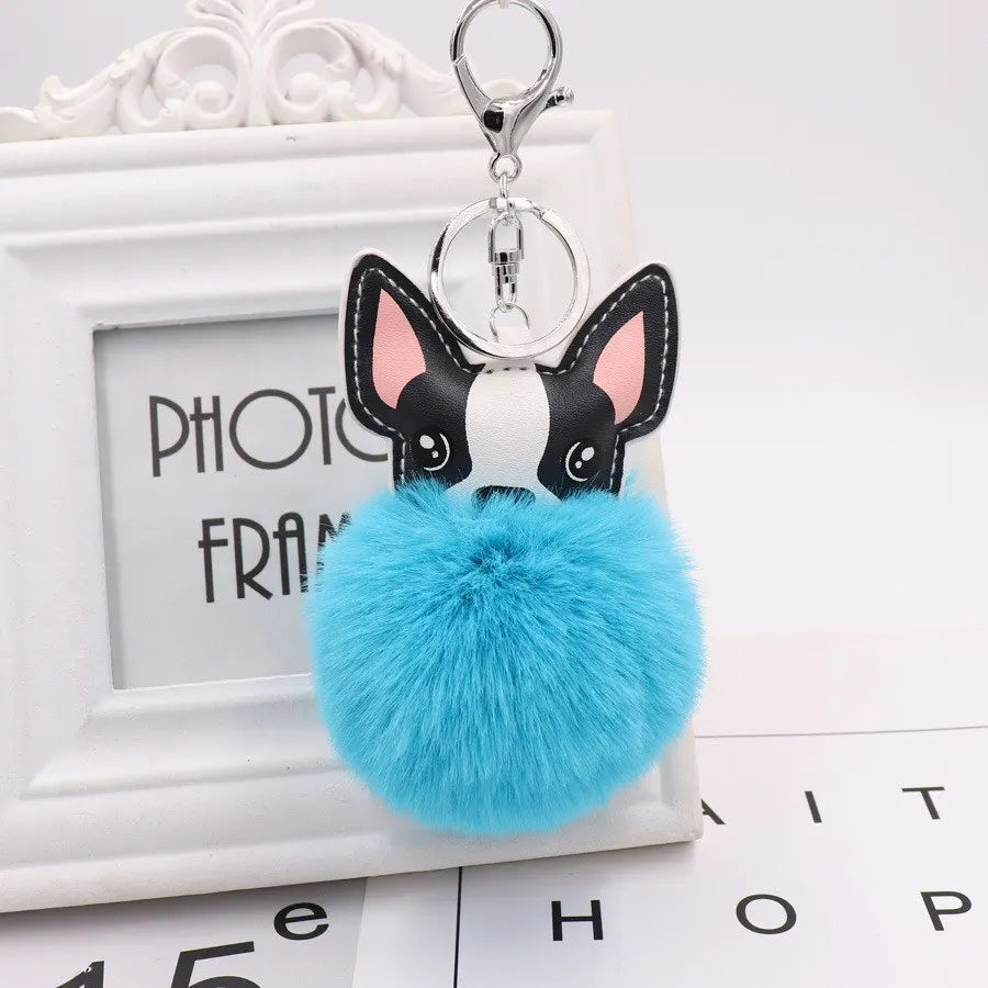 Boston Terrier Pom-Pom Keychain - Rabbit Fur & Platinum-Plated Charm